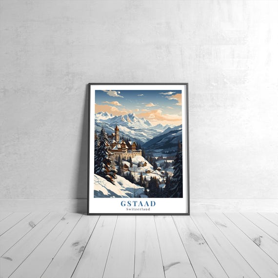 Gstaad Vintage Travel Poster Retro Switzerland Art Print Colorful Home Decor Wall Unique Gift