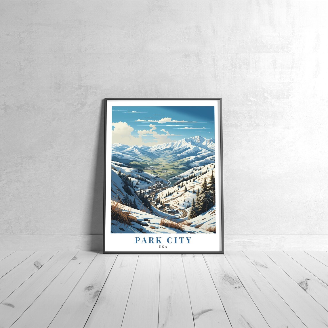 Park City USA Snowy Mountain Ski Valley Winter Travel Art Poster