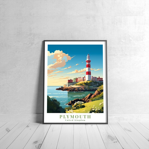 Plymouth United Kingdom Vintage Red White Lighthouse Travel Poster