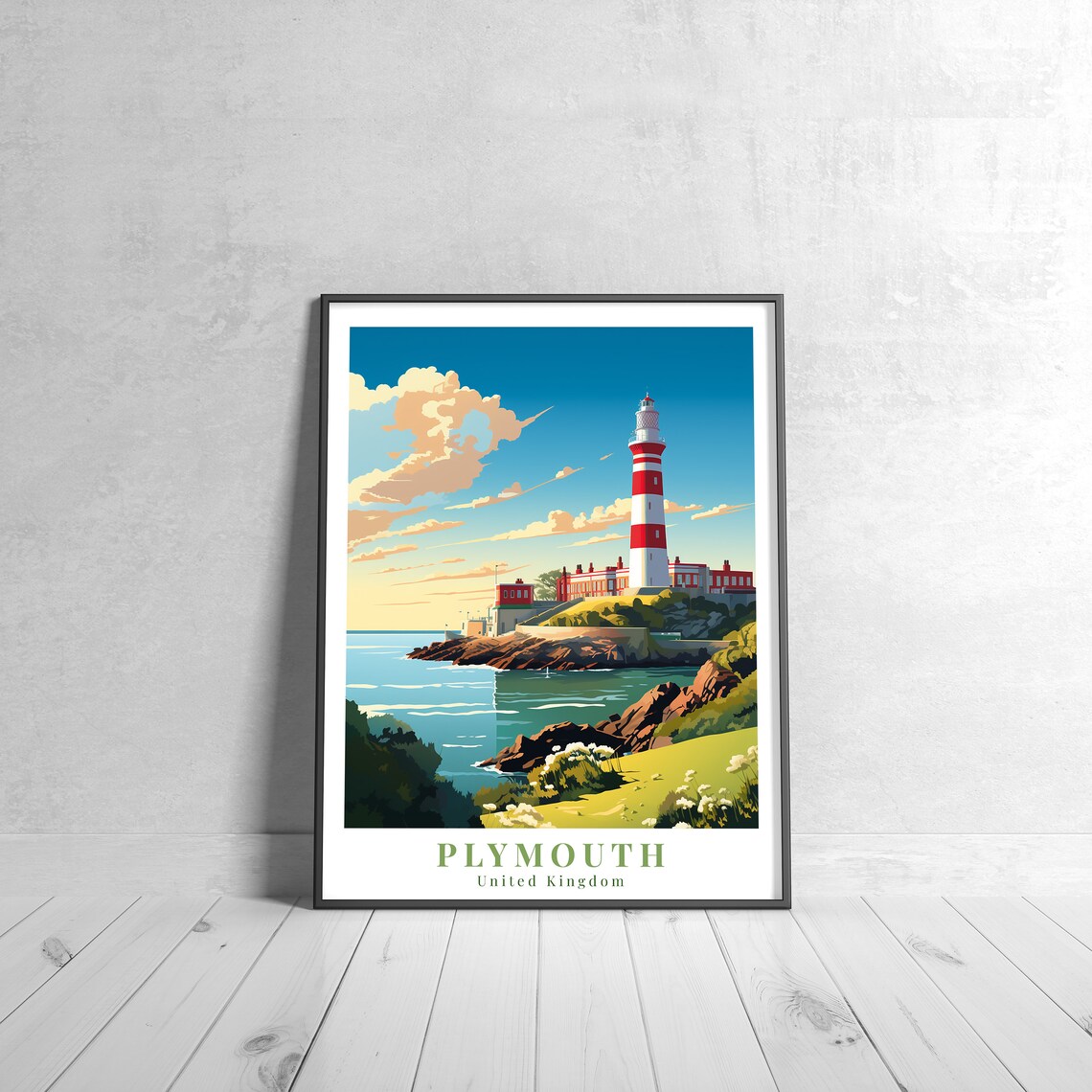 Plymouth United Kingdom Vintage Red White Lighthouse Travel Poster