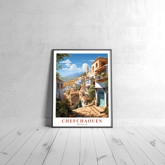 Chefchaouen Morocco Blue City Cobblestone Street Travel Poster