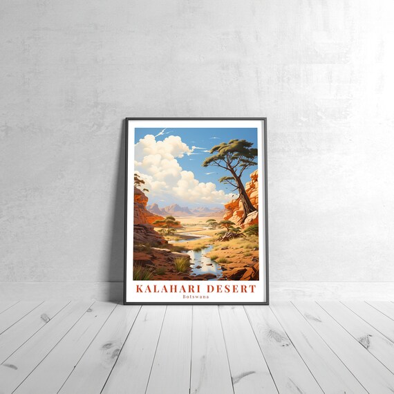 Kalahari Desert Botswana Travel Poster Red Canyon Acacia Tree Safari Oasis Art