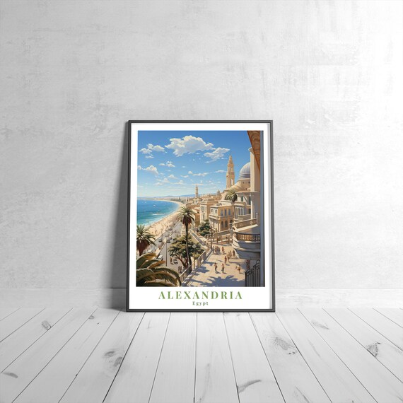 Alexandria Egypt Vintage Beach Corniche Palm Boulevard Travel Poster