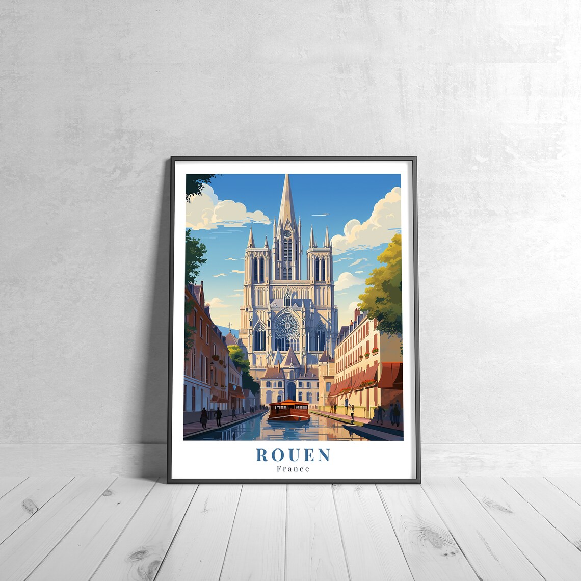 Rouen France Gothic Cathedral Riverside Boat Vintage Travel Poster