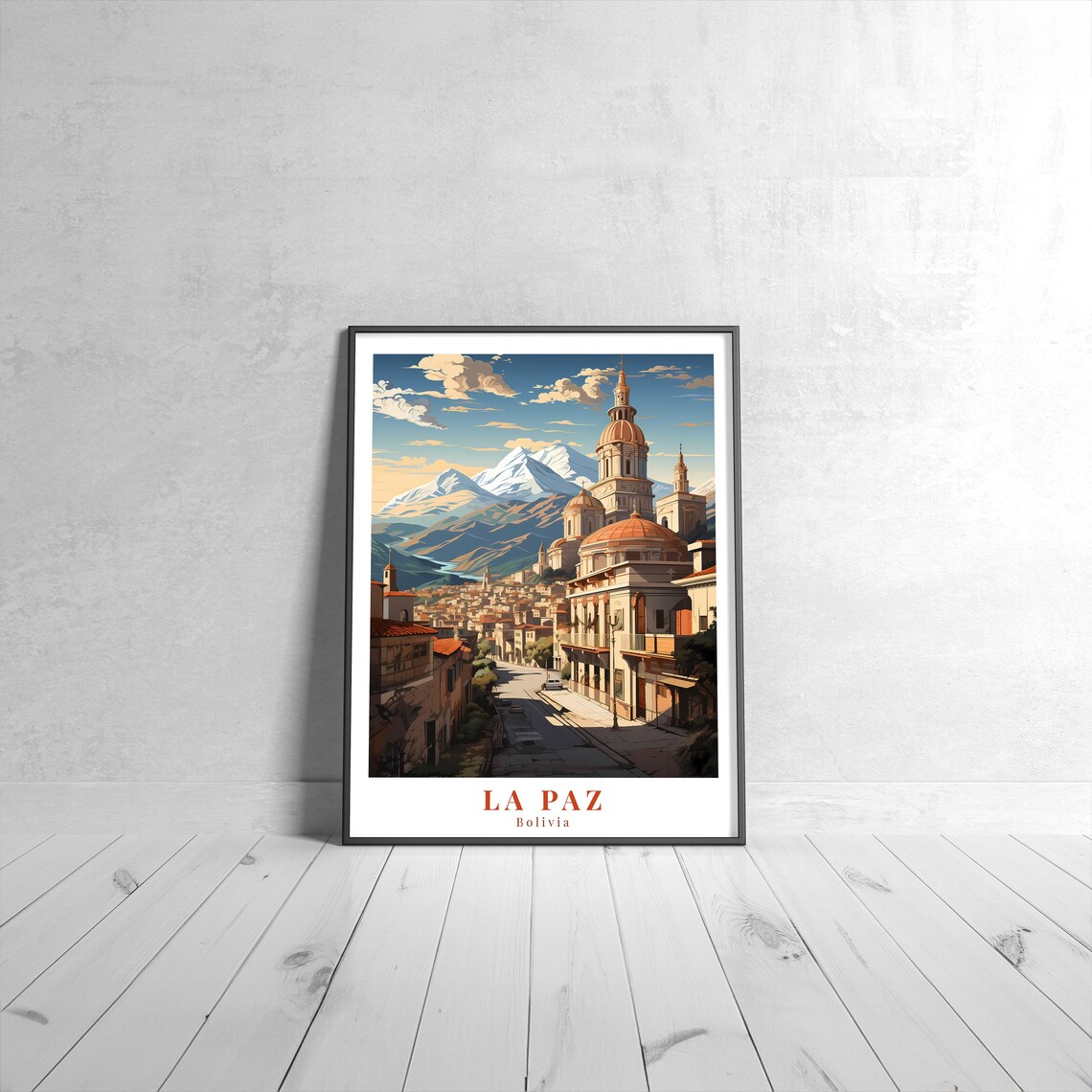 La Paz Bolivia Cathedral Domes Snowy Andes Vintage Travel Art Poster