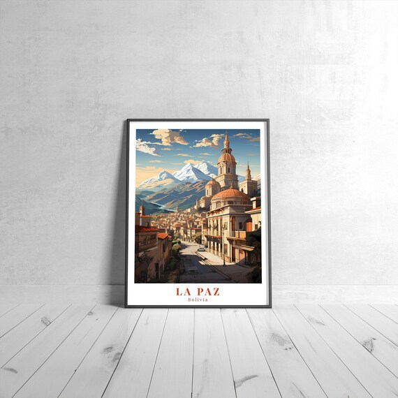 La Paz Bolivia Cathedral Domes Snowy Andes Vintage Travel Art Poster