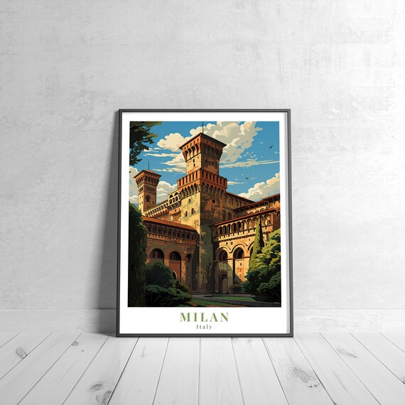 Milan Italy Vintage Travel Poster of the Sforza Castle in Warm Colors