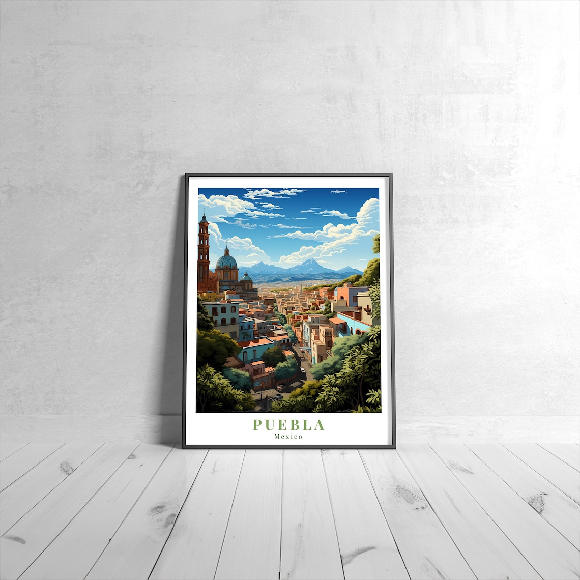 Puebla Mexico Cathedral Volcano Colorful Cityscape Travel Poster