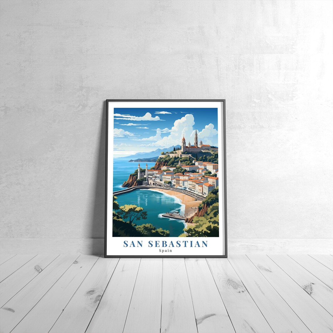 San Sebastian Spain Vintage Travel Poster of the Bay and Old Town