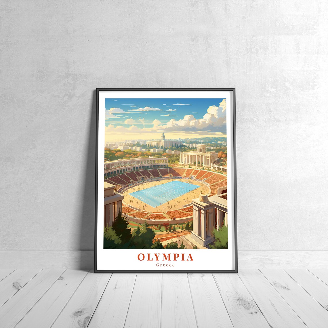 Olympia Greece Ancient Olympic Stadium Retro Travel Illustrated Poster