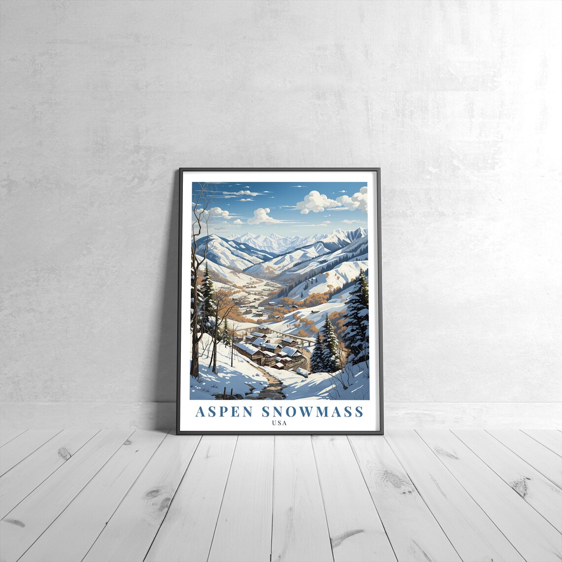 Aspen Snowmass USA Snowy Ski Valley Cabins Vintage Travel Poster