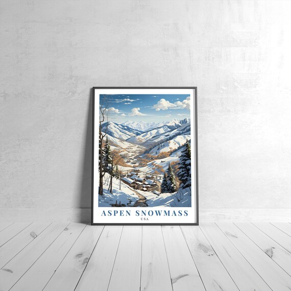 Aspen Snowmass USA Snowy Ski Valley Cabins Vintage Travel Poster