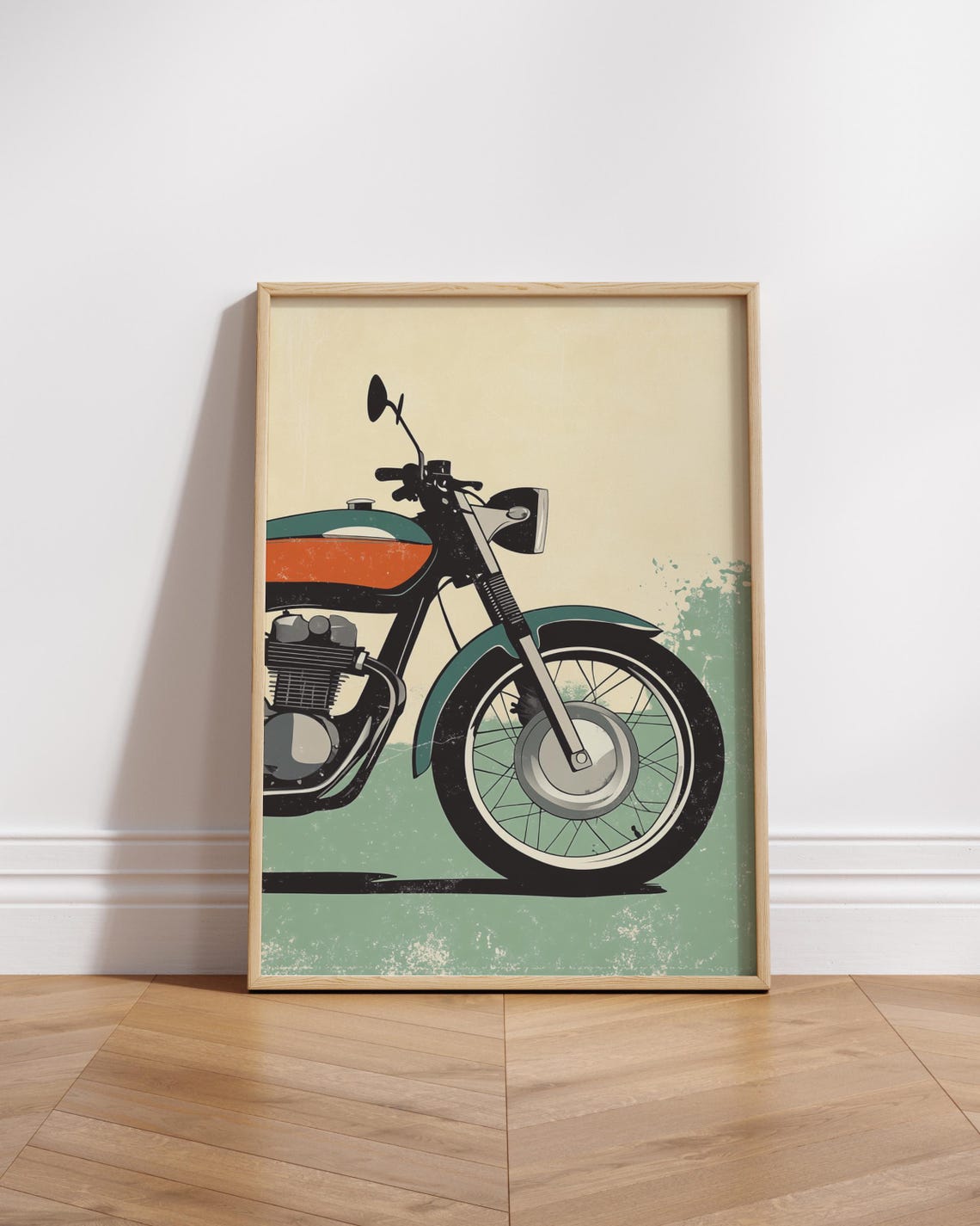Retro Motorcycle Side Profile Teal Orange Vintage Moto Art Poster
