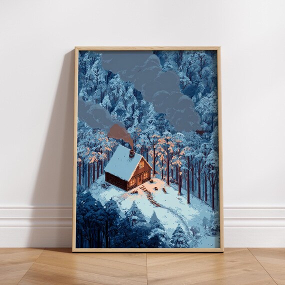 Cozy Winter Cabin Poster Pixel Art Snowy Forest Print Retro Landscape Wall Decor Warm Cottage Scene Physical