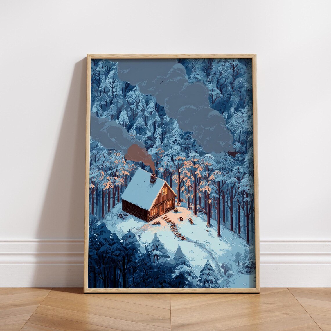 Cozy Winter Cabin Poster Pixel Art Snowy Forest Print Retro Landscape Wall Decor Warm Cottage Scene Physical