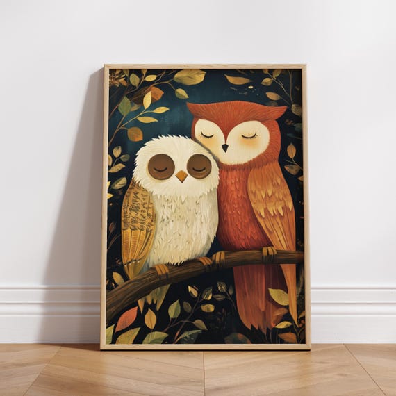 Cozy Owl Couple Love Poster Cute Animal Wall Art Home Decor Gifts Lovers Nursery Couples