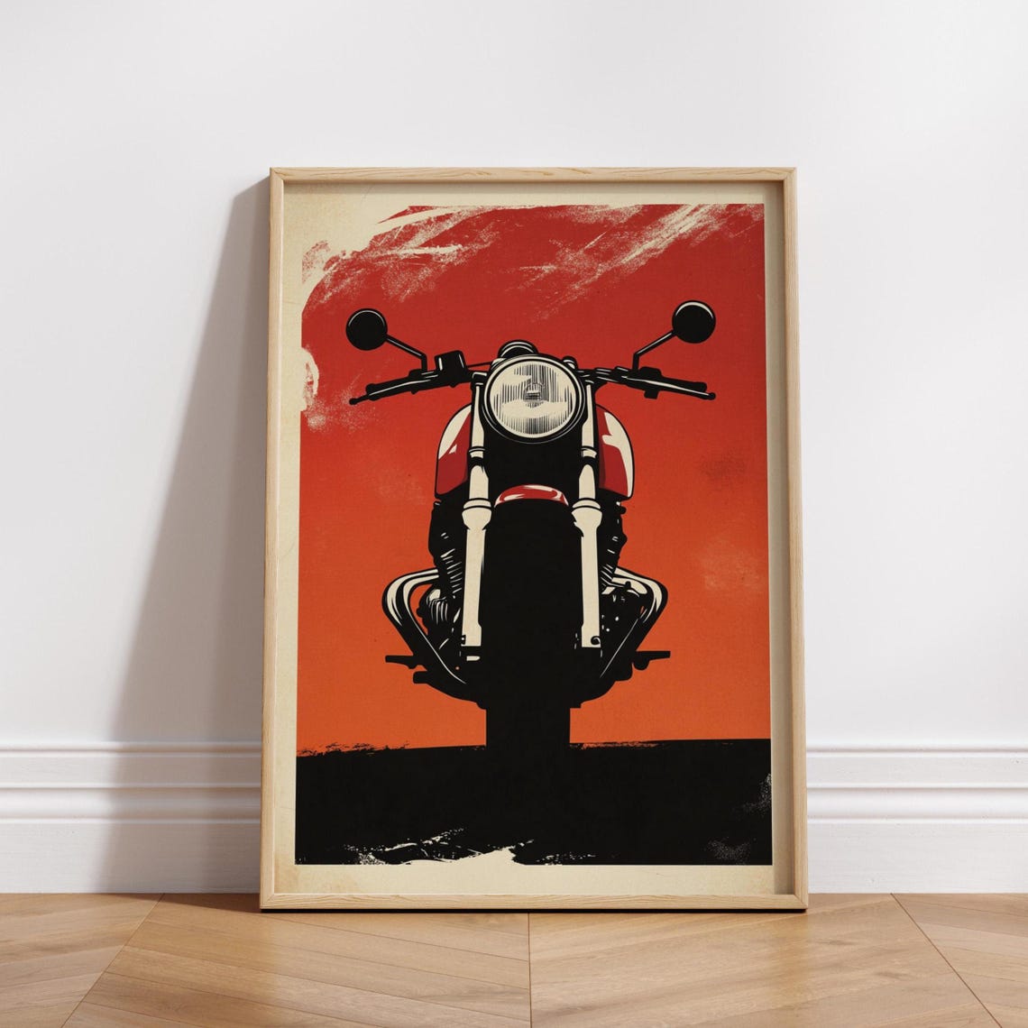 Cafe Racer Motorcycle Front View Bold Red Minimalist Art Poster