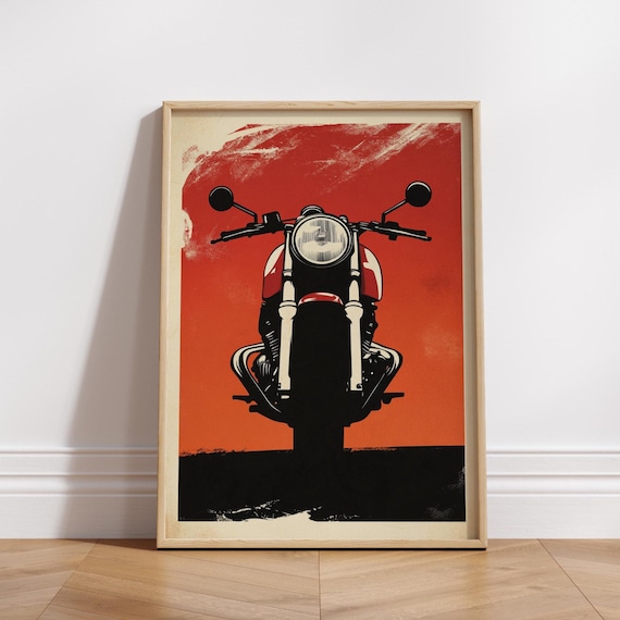 Cafe Racer Motorcycle Poster Retro Headon Bike Wall Art Bold Red Moto Print Minimalist Garage Decor Vintage Biker Gift For Him