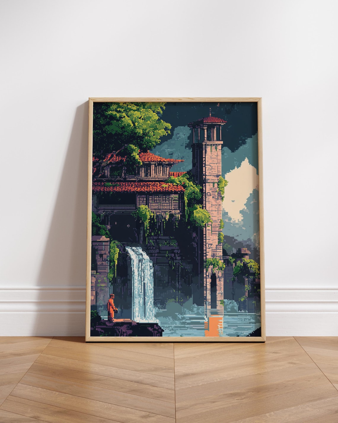 Ancient Temple Waterfall 8 Bit Pixel Art Dusk Stone Tower Fantasy Poster