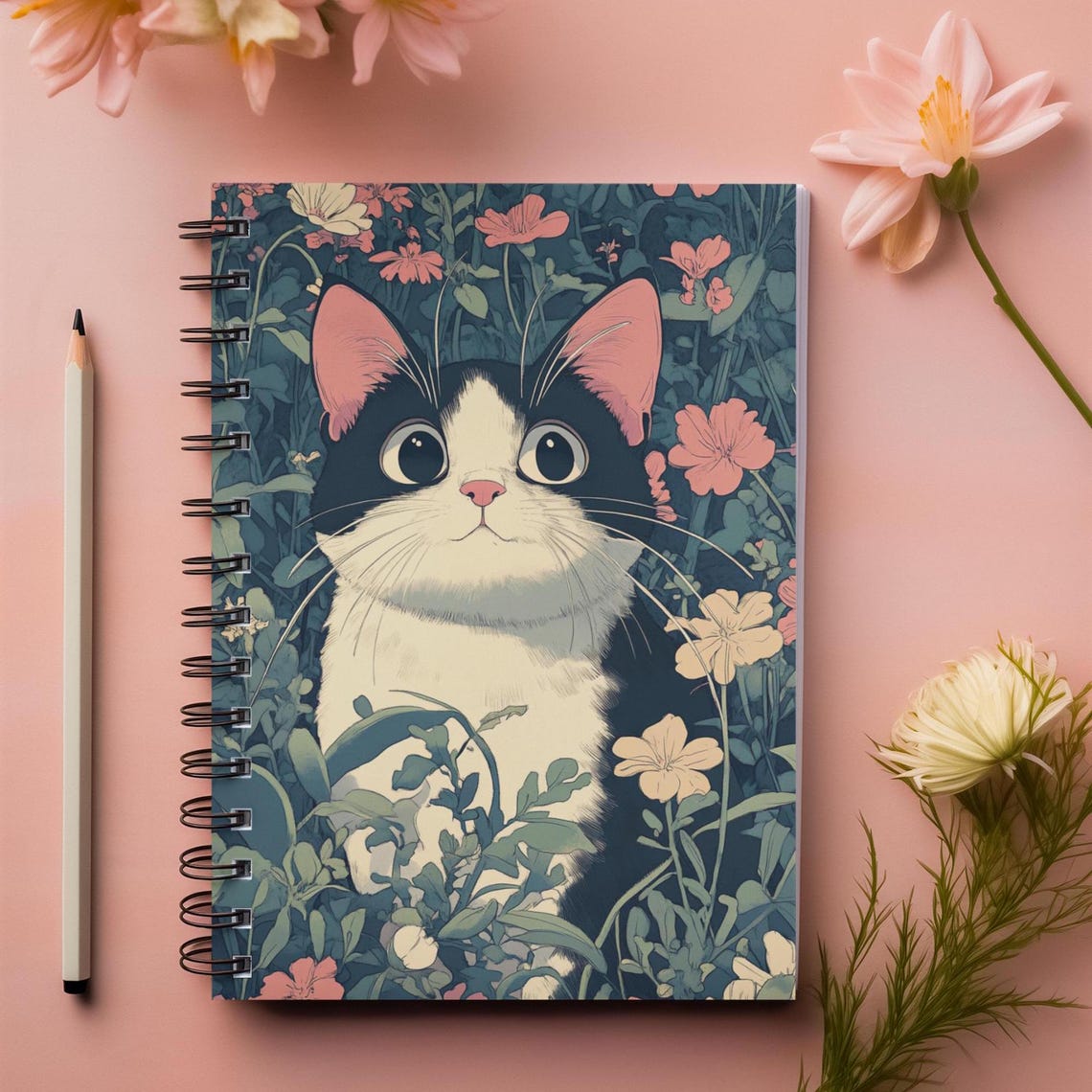 Whimsical Cat In Flower Spiral Notebook Floral Design Lovers Journaling Back To School Gifts Stationery