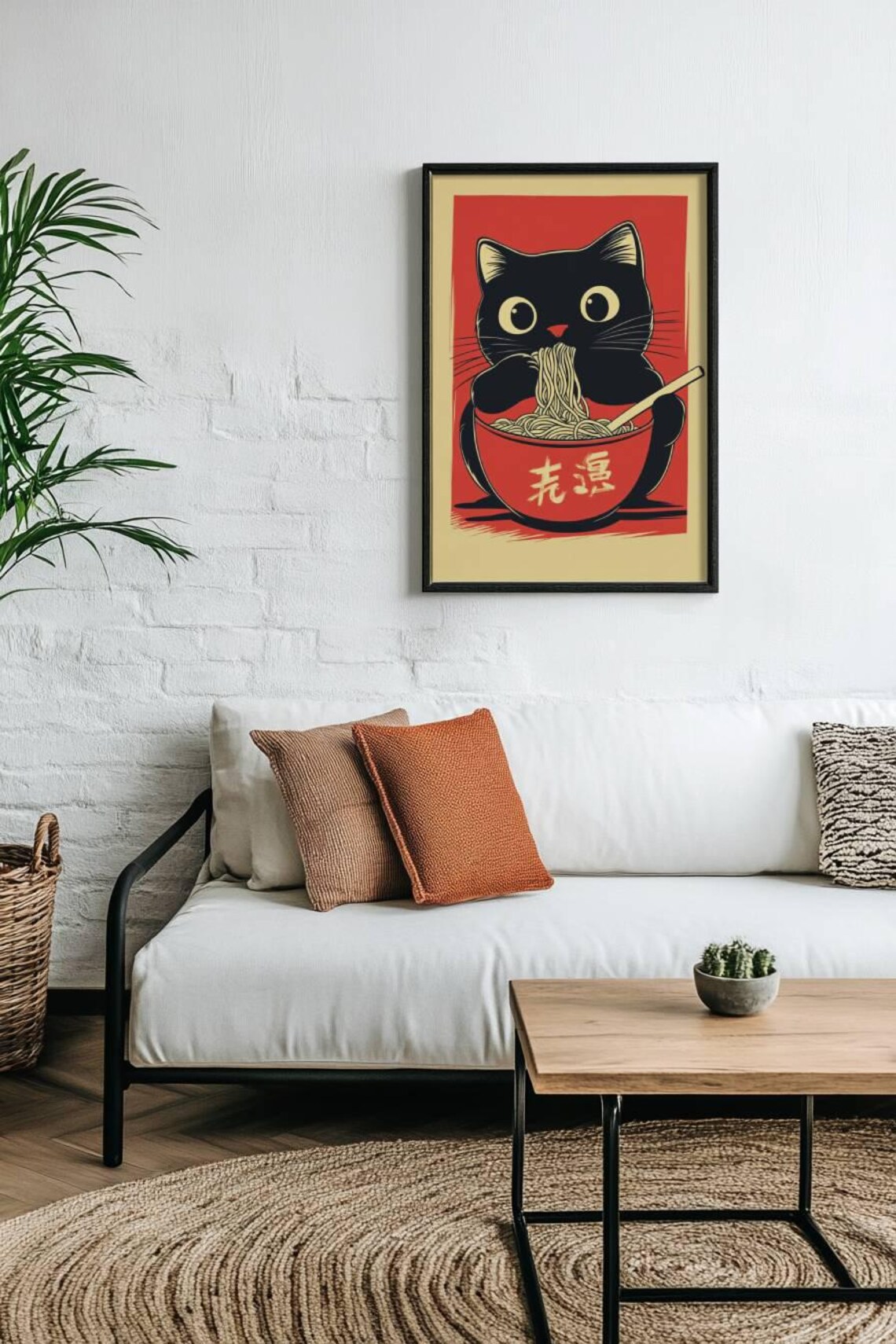 Black Cat Eating Ramen Bowl Retro Japanese Red Kitchen Poster - Image 2