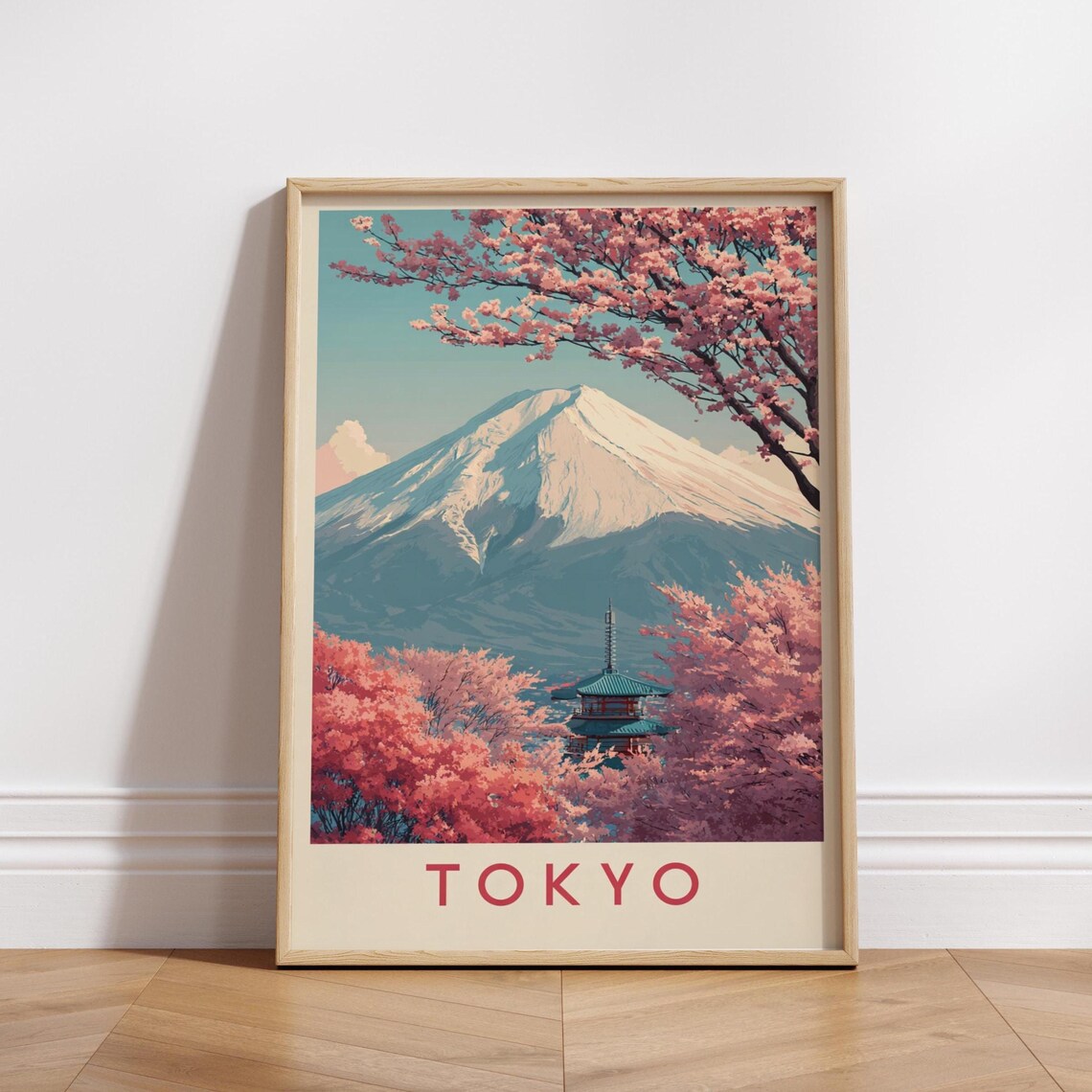 Tokyo Japan Cherry Blossom Travel Poster, Vintage Style