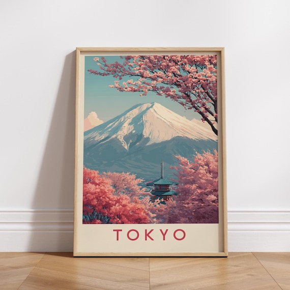 Tokyo Japan Cherry Blossom Travel Poster, Vintage Style