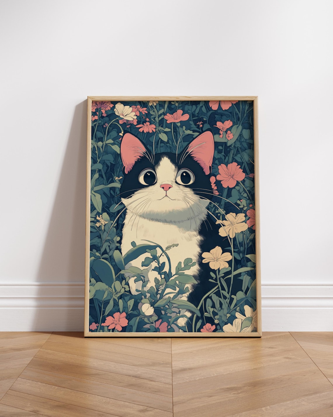 Cute Tuxedo Cat Among Pink Flowers Vintage Style Animal Poster