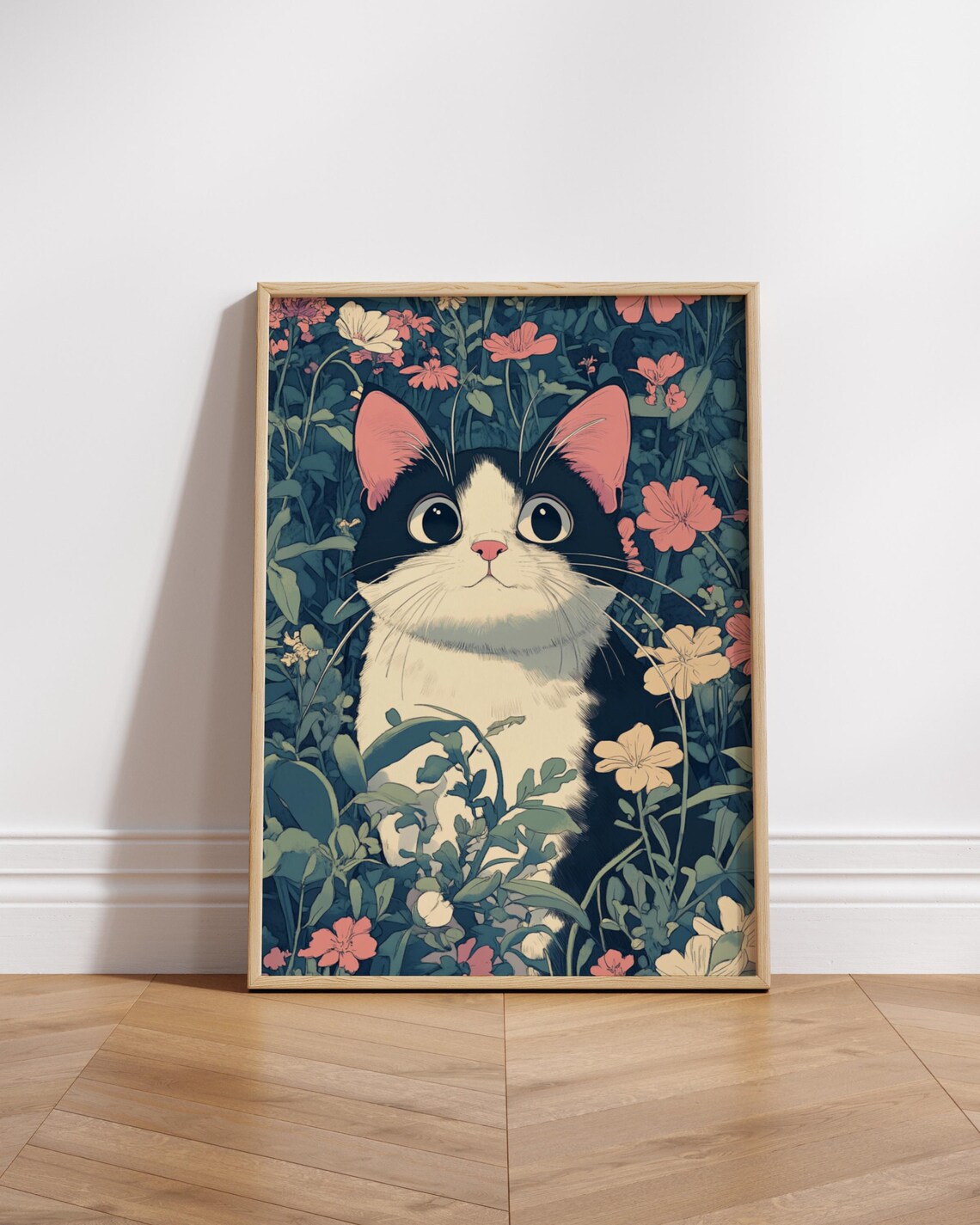 Whimsical Cat Nature Poster Cute Art Print Floral Wall Decor Lover Gift Home