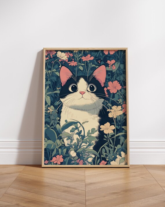 Whimsical Cat Nature Poster Cute Art Print Floral Wall Decor Lover Gift Home