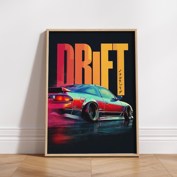 Bold Drift Typography With Red Jdm Race Car Neon Night Racing Poster