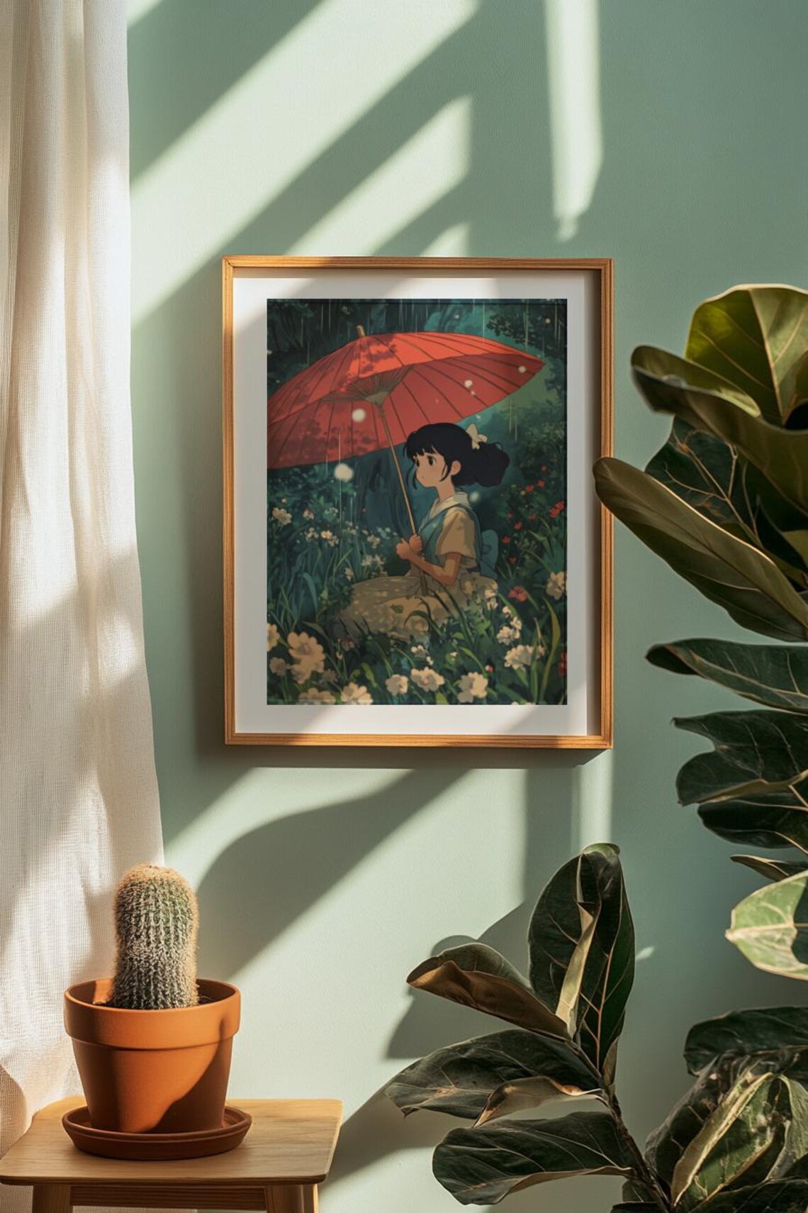 Anime Girl With Red Umbrella In Rainy Flower Garden Illustration Poster - Image 3