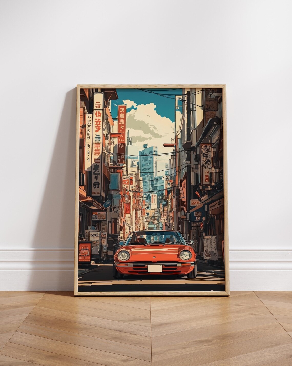 Red Retro Sports Car Japan Street Neon Sign Cityscape Art Poster