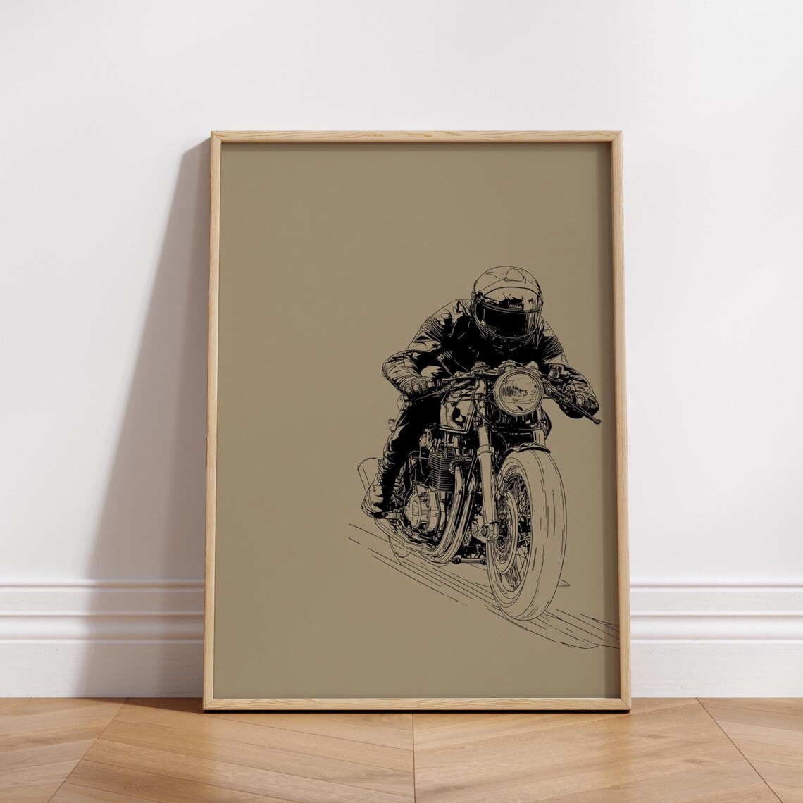 Minimalist Cafe Racer Motorcycle Poster, Rider Silhouette
