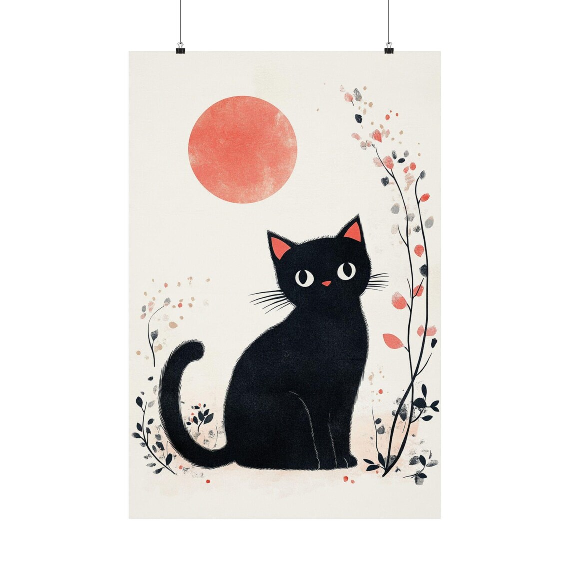 Cute Black Cat Under Red Sun Minimalist Floral Watercolor Poster - Image 2