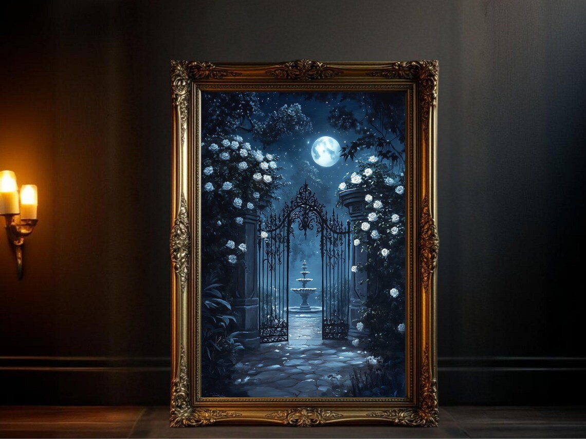 Enchanted Garden Gate, Moonlit Gothic Art Print