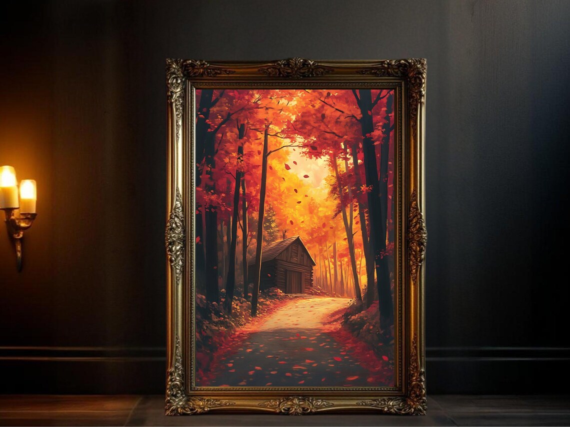 Autumn Cabin Art Print, Rustic Forest Landscape