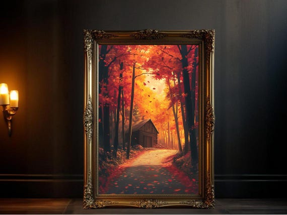 Autumn Cabin Art Print, Rustic Forest Landscape