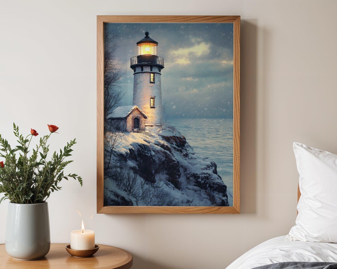 Coastal Lighthouse Winter Scene, Snowy Landscape