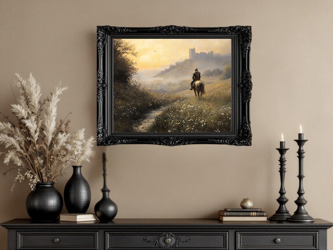 Medieval Knight Castle Landscape, Fantasy Sunrise Scene - Image 2