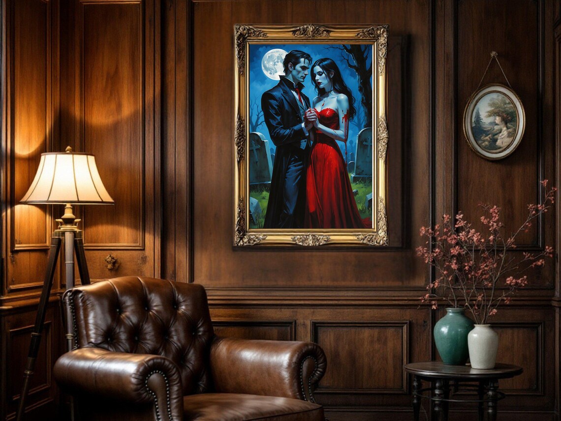 Gothic Vampire Couple, Moonlit Cemetery Art Print - Image 3
