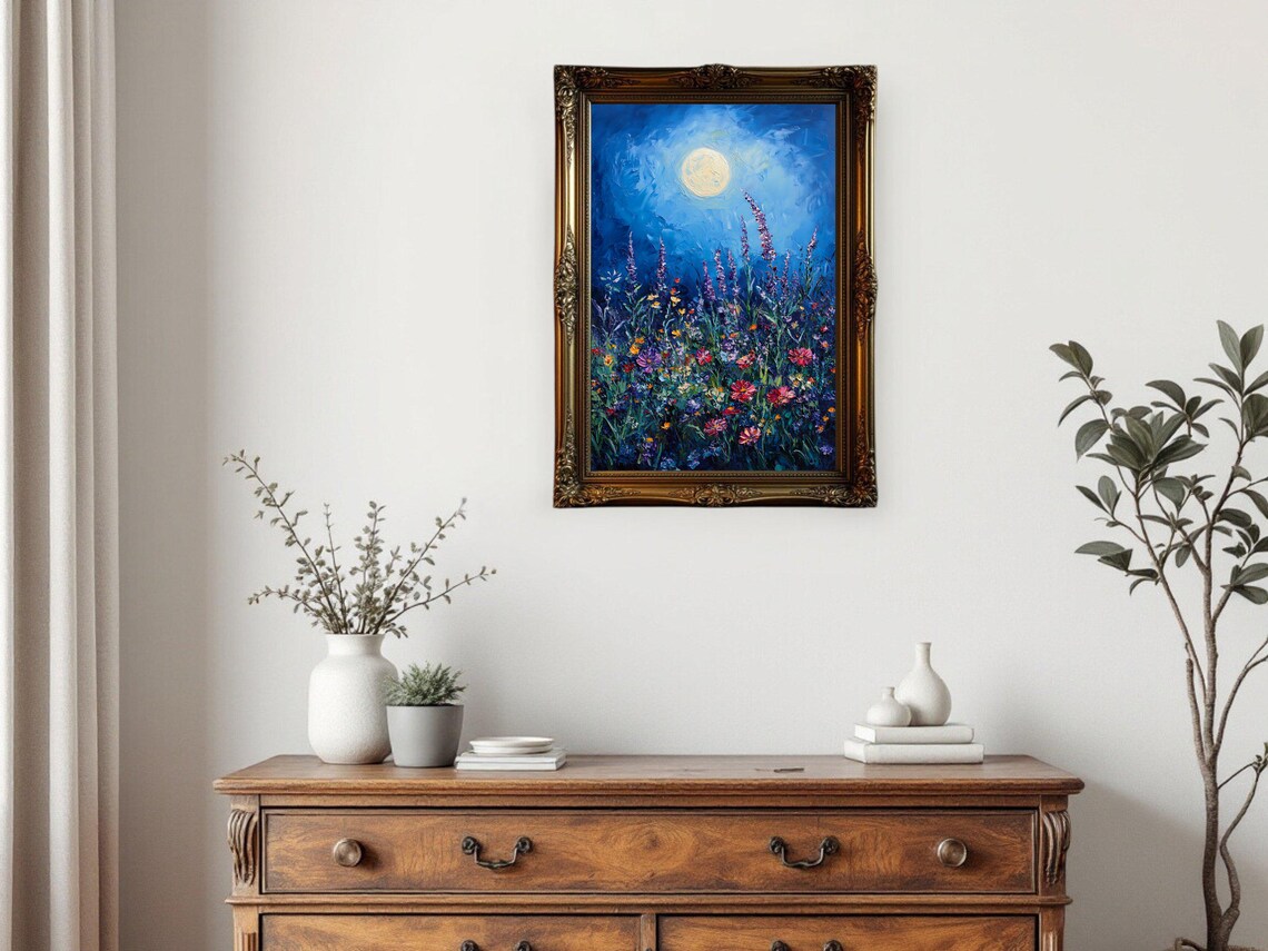 Moonlit Floral Night Flower Meadow Art Print - Image 3