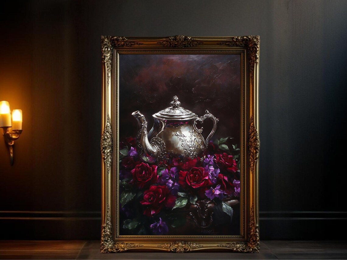Vintage Teapot Floral Still Life, Classic Poster