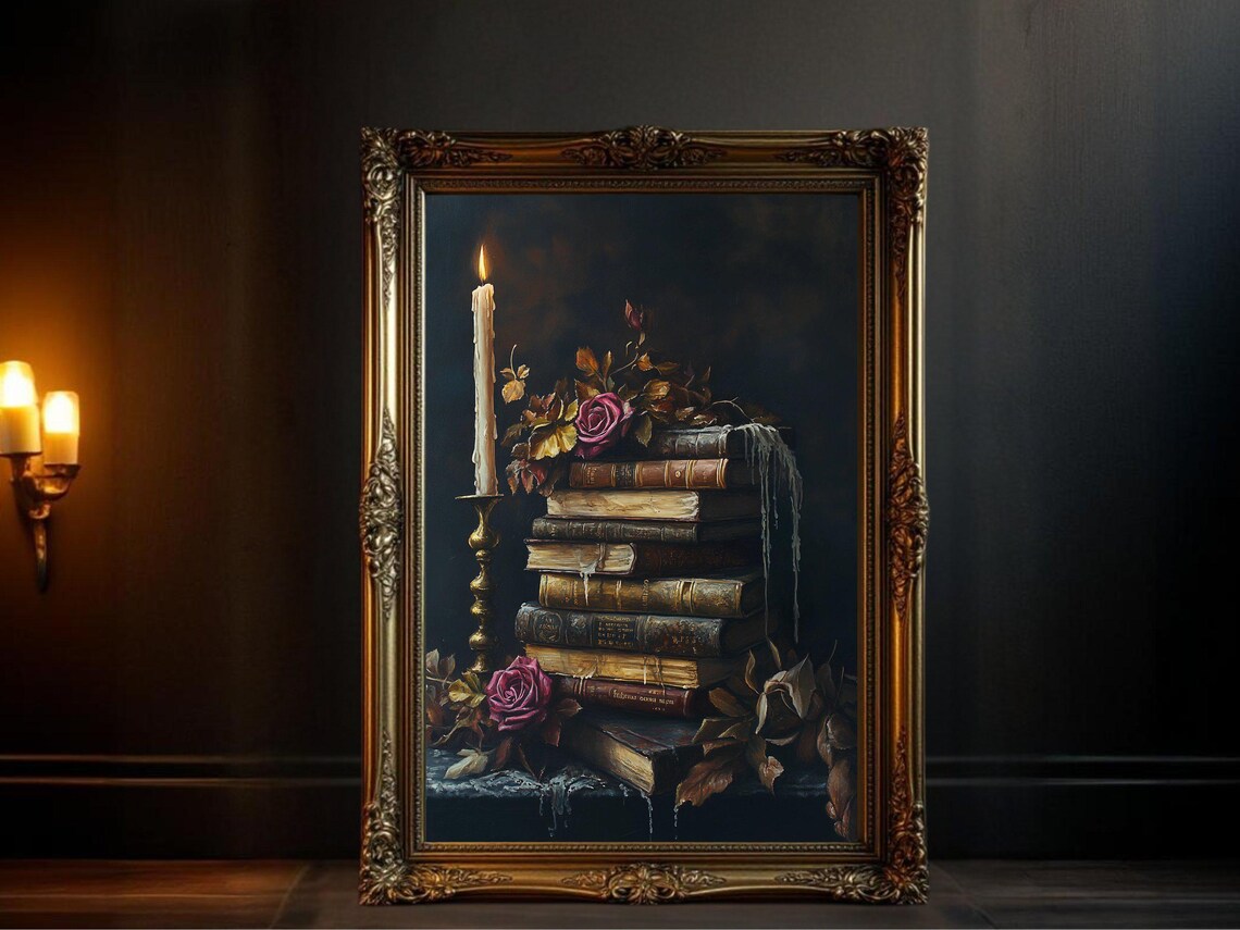 Vintage Book Stack, Candlelit Still Life Poster