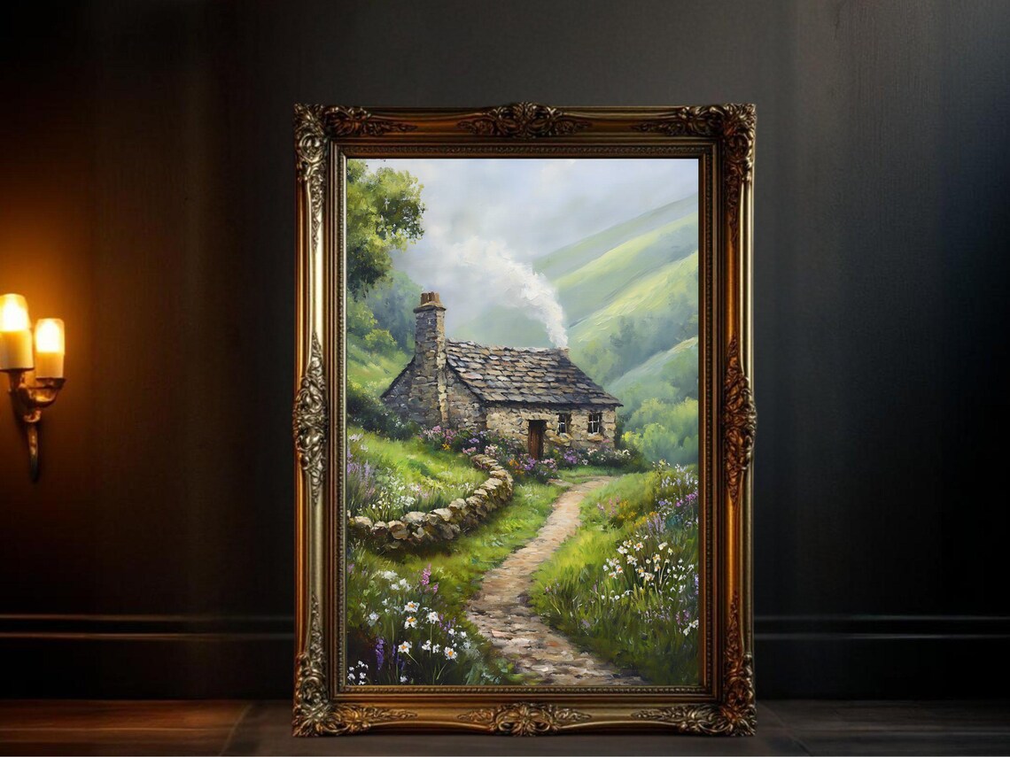 Cozy Cottage In Meadow, Rustic Countryside Art Print
