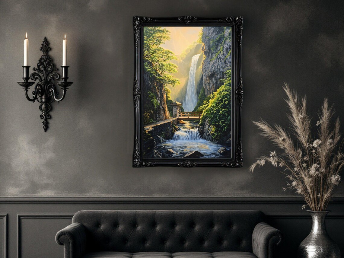 Mountain Waterfall Landscape, Nature Scenery Art Print - Image 2