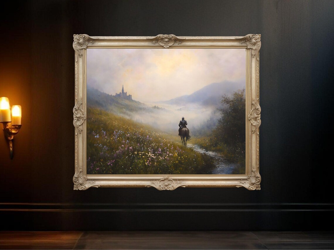 Medieval Knight On Horseback, Misty Landscape Scene