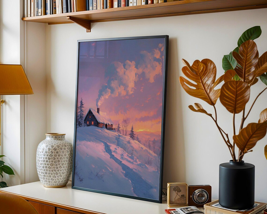 Winter Cabin Snowy Landscape Art Print, Cozy Cabin - Image 2