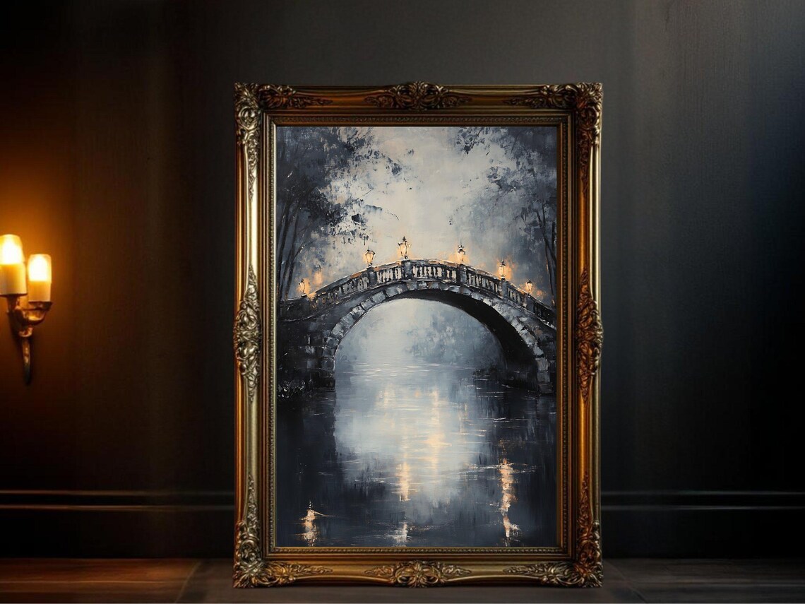 Night Bridge Reflection, Serene Landscape Art Print