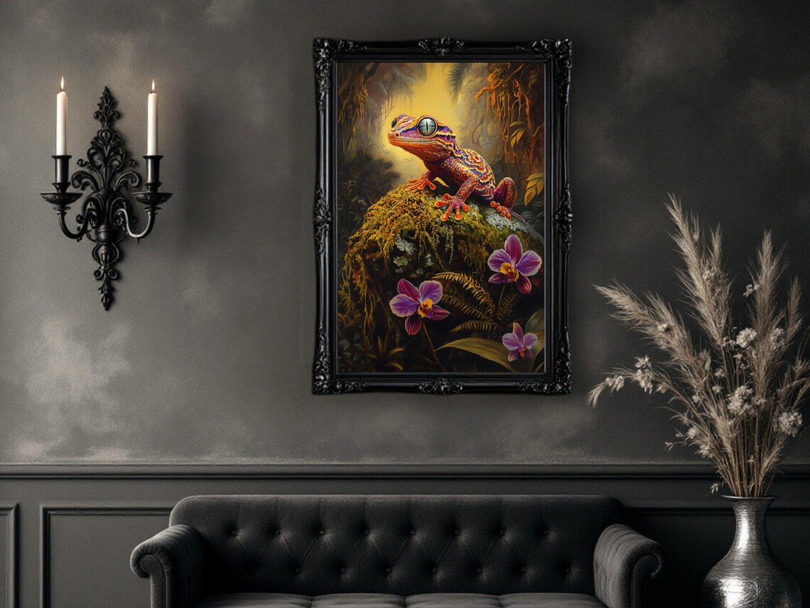 Geckos In Nature Painting, Jungle Wildlife Art - Image 3